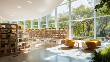interior design library building illustration modern sustainable, innovative technology, space lighting interior design library building