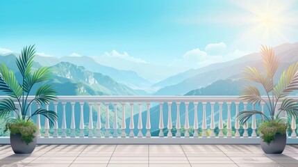 The balcony has a view of the mountain landscape. A sunny day. Balcony with beautiful view