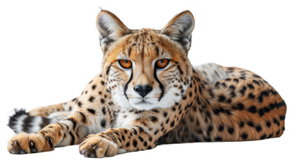 An enchanting image of a serval cat resting, its piercing eyes looking straight ahead, isolated on white