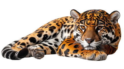 A stunning portrait of a jaguar lying down, gazing at the viewer with a serene expression on an isolated white background