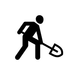 Icon of a man with a shovel. Symbol of work or road works. Repair or vegetable garden sign.