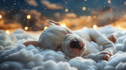 Obraz na płótnie Canvas A serene image of a sleeping puppy nestled among fluffy clouds, with a twinkling starry sky in the background.