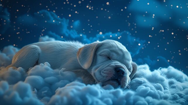 A serene image of a sleeping puppy nestled among fluffy clouds, with a twinkling starry sky in the background.