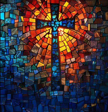 A vibrant stained glass window depicting a cross, bursting with a spectrum of warm and cool colors, symbolizing hope and spirituality.