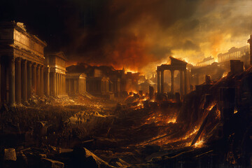 The fall of the Roman Empire, Rome in flames cartoon illustration - obrazy, fototapety, plakaty
