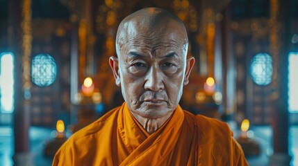 front shot of a Buddhist monk with a serious face in a shinny place generative ai