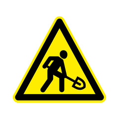 Triangular sign of a man with a shovel. Symbol of work or road works. Repair or vegetable garden sign.