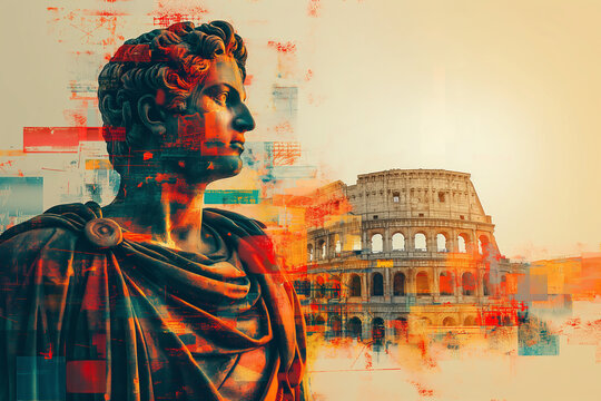 Great Roman Empire architecture and Emperor Caesar statue archeological historical illustration with Roman map 	