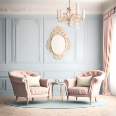 Pastel interior in classic style with soft armchairs and lamps. 3d rendering