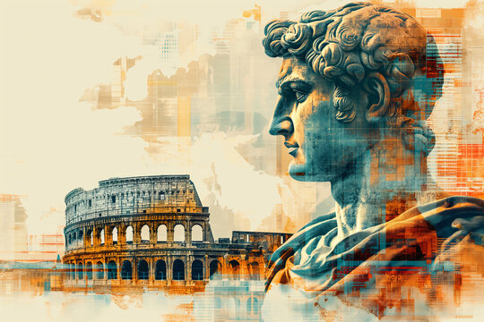 Great Roman Empire architecture and Emperor Caesar statue archeological historical illustration with Roman map 	