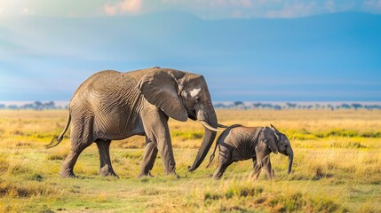 Concept of an elephant and her child walking through a national park
