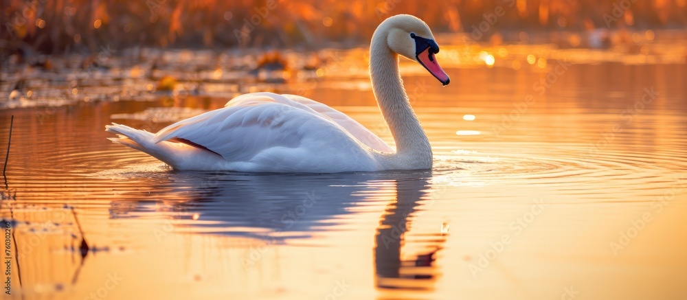 Canvas Prints Graceful Swan Gliding on Calm Lake at Dusk Surrounded by Serene Nature Landscape