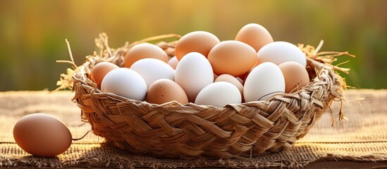 Organic Farm Fresh Brown Eggs Displayed in a Woven Basket on Rustic Wooden Table