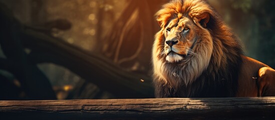 Majestic Lion Exuding Strength and Grace While Relaxing on a Weathered Log in the Wilderness - Powered by Adobe