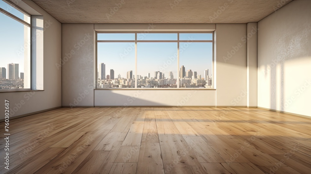 Sticker Serene Urban Oasis: Spacious Room Showcasing Panoramic Cityscape View Through Large Windows