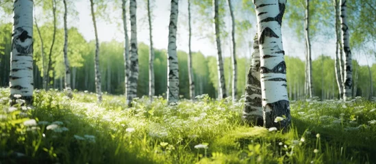 Papier Peint photo Bouleau Tranquil Forest Scene with Silver Birch Trees and Lush Green Grassland in Spring