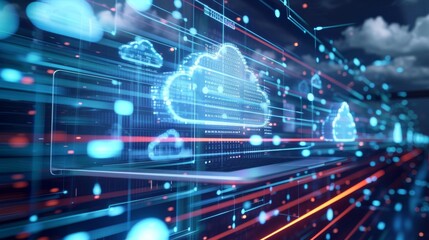 Obraz premium Cloud computing network visualized with a laptop and interconnected servers, representing the interconnected web of digital services