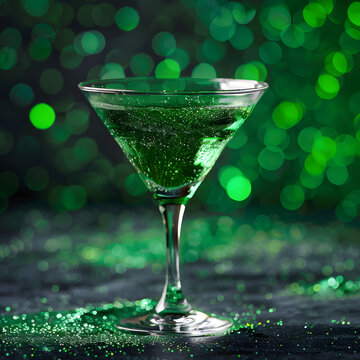A green cocktail with a bokeh background and green glitter 