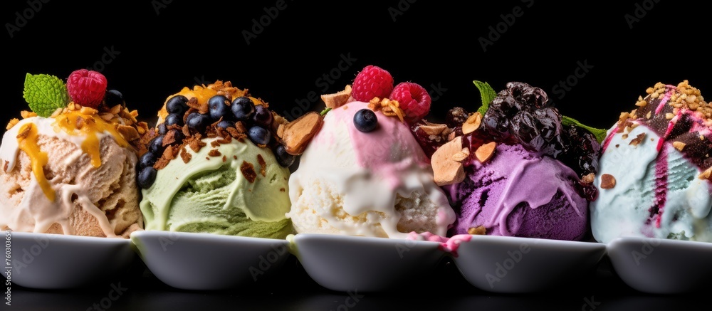 Poster tempting selection of colorful ice creams lined up in a sweet display