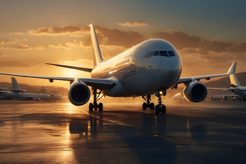 Fototapeta na wymiar A scene of an airplane landing at sunset
