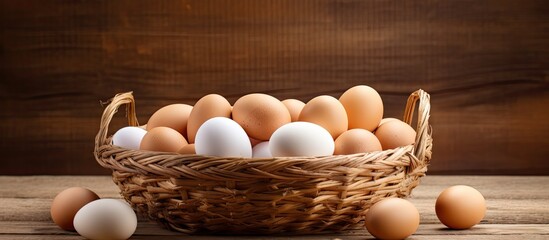Rustic Farm Fresh: Colorful Basket of Organic Eggs on Wooden Table