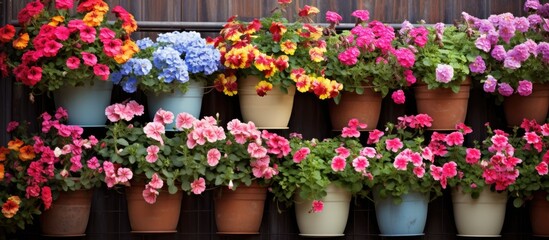 Fototapeta na wymiar Vibrant Florals Adorning a Rustic Wooden Fence with Potted Blooms in a Charming Garden Display