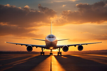 A scene of an airplane landing at sunset
