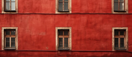 Fototapeta premium Vibrant Red Building with Gleaming Windows in Urban Landscape