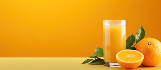 Refreshing Orange Juice in Glass and Fresh Oranges on Vibrant Yellow Background - obrazy, fototapety, plakaty