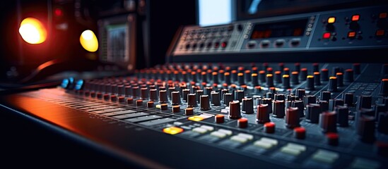Vibrant Recording Studio Console Illuminated with Colorful Lights for Audio Mixing