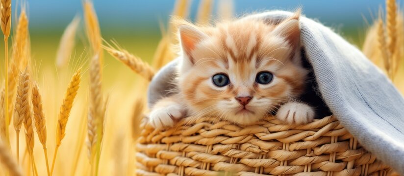 Cute Kitten Hiding Playfully in a Cozy Basket Amongst Wildflowers
