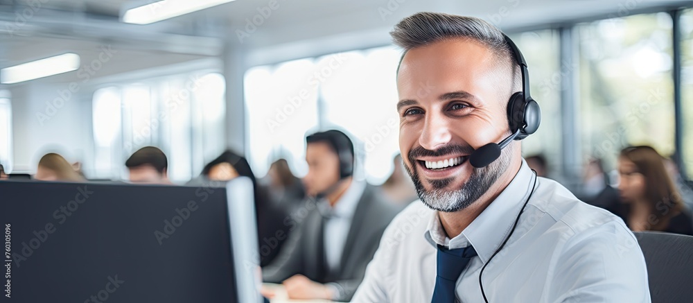 Poster joyful man with headset smiling and focused on computer work in modern office environment