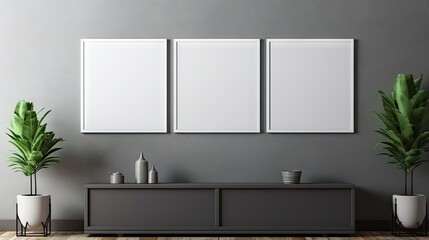 Interior Design Concept: Three Empty Frames Adorning Modern Living Room Wall