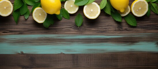 Fresh Lemons and Mint Leaves Arranged on Rustic Wooden Background for Culinary Inspiration - obrazy, fototapety, plakaty