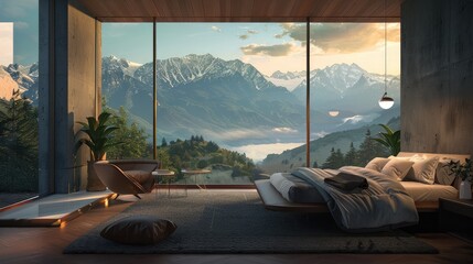 Modern bedroom with beautiful forest and mountain views.