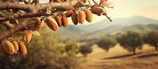 Lush Almond Tree Laden with Ripe Fruits in a Bountiful Harvest Season - obrazy, fototapety, plakaty