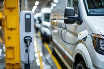 White Electric Van Plugged in at Charging Station in Parking Garage Under Bright Lights