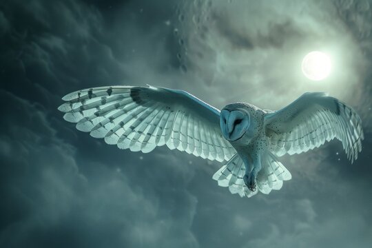 Barn owl's ghostly flight under the moonlit sky, silent nocturnal hunter