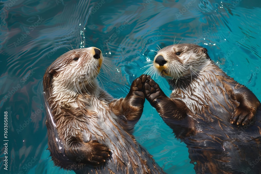 Wall mural Sea otters holding hands afloat, showcasing an aquatic ballet in the ocean's cradle