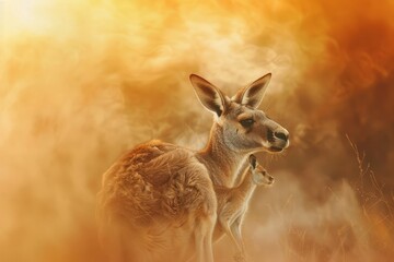 Kangaroo and Joey in Sun-Drenched Outback, Embodying Family Ties and Wilderness Serenity