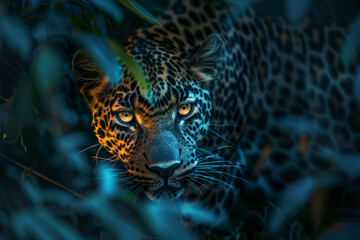 Intense Gaze of a Hidden Leopard in Dense Foliage, Master of Stealth and Beauty in the Jungle