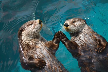 Sea otters holding hands afloat, showcasing an aquatic ballet in the ocean's cradle