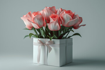 A tasteful 3D rendering of soft pink roses presented in a classic white gift box with a satin ribbon, perfect for a special occasion.
