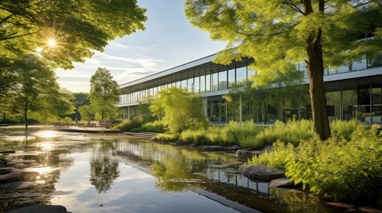 Naklejka premium facade exterior office building illustration concrete windows, entrance landscaping, structure roof facade exterior office building