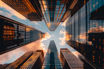 Fototapeta premium Skyscrapers Against A Bright Sky Background View From Below Created Using Artificial Intelligence