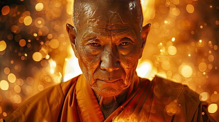 front shot of a Buddhist monk with a serious face in a shinny place generative ai - obrazy, fototapety, plakaty