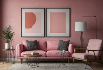 Pink sofa and chair near wall with two art poster mock up frames. interior design of modern living room.