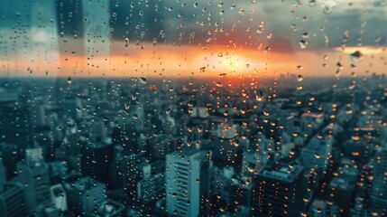 Rain drops on the glass window with city view
