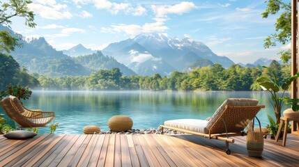 Wooden balcony with beautiful lake and mountain view has old wooden decking. Decorated with rattan lounge chairs. Surrounded by nature - obrazy, fototapety, plakaty