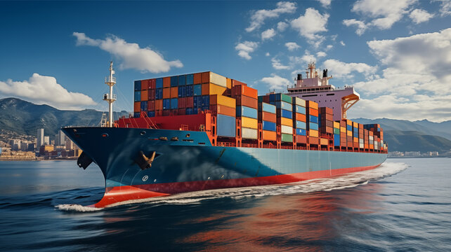 Container ship carrying many containers is sailing